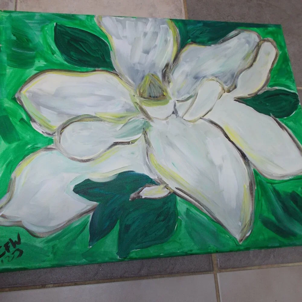 Gorgeous Magnolia Floral acrylic painting on 16"x20" stretched canvas, signed - Picture 2 of 4